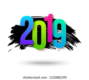 Colorful 2019 numbers background for happy new year banner with black brush stroke. Vector Illustration EPS 10