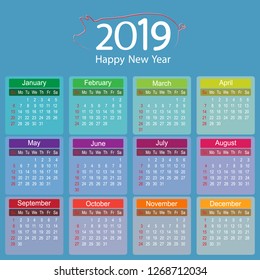 Colorful 2019 Year Calendar Planner of Pig Vector Design template, Vector Illustration eps10
