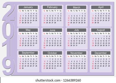 Colorful 2019 Year Calendar Vector Design template, Vector Illustration eps10