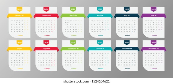 Colorful 2020 desk calendar template.Horizontal calendar template. Editable vector file available.