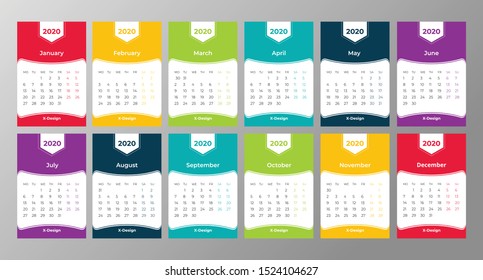 Colorful 2020 desk calendar template.Horizontal calendar template. Editable vector file available.
