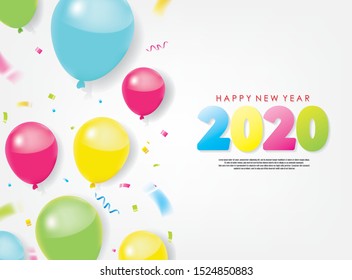 Colorful 2020 Happy New Year Greeting with Balloons and Scattered Conffetis. Vector Illustration. Design element for flyers, leaflets, postcards and posters.