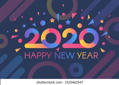 Colorful 2020 Happy New Year with Confetti Banner. Elegant Two Thousand Twenty with Greeting. Horizontal Bright Blue Invitation Poster on Festive Party Vector Flat Cartoon Illustration