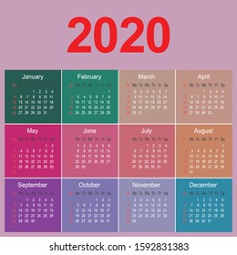 Colorful 2020 year calendar planner template, business design template vector illustration 