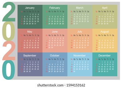 Colorful 2020 year calendar planner template, business design template vector illustration