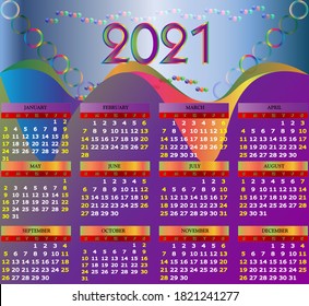 Colorful 2021 calendar with colorful circular shapes, gradient curves and overlays and 3d themed cubes.