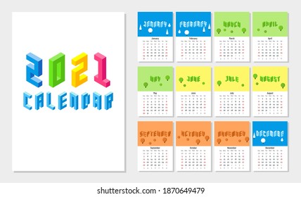 Colorful 2021 calendar template with isometric seasonal theme from winter, spring, summer, fall or autumn