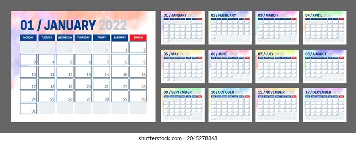Colorful 2022 Calendar Design with Different Color for Every Month