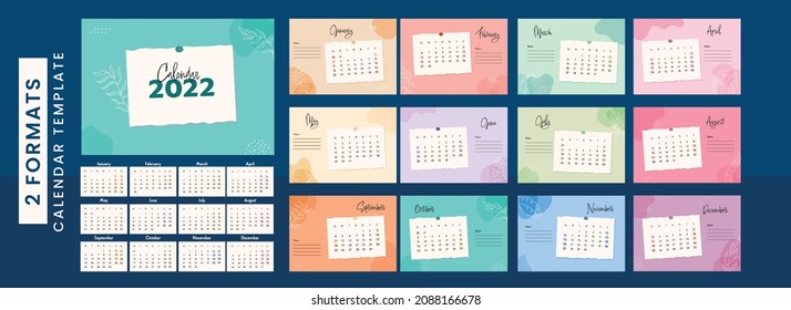 Colorful 2022 Yearly Calendar Template Design In Two Formats.