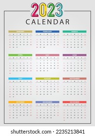 Colorful 2023 calendar in vertical look, week starts from sunday