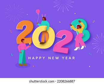 Colorful 2023 Number With Cartoon People Enjoying And Celebrate On Violet Fireworks Background For Happy New Year Concept.