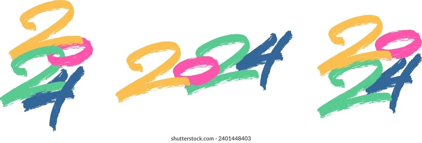 Colorful 2024 brushed hand lettering. Calligraphic composition. Vector holiday design.