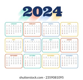 colorful 2024 english calendar template plan and organize events vector