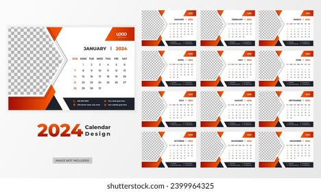 Colorful 2024 English desk calendar template design. plan and organize events vector.Ready print Calendar design