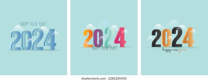 Colorful 2024 new year cover banner. 2024 new year. 2024 New Year numbers with gradient colorful banner. 2024 Happy New Year logo text design for cover photo. Number design template. Three posts.