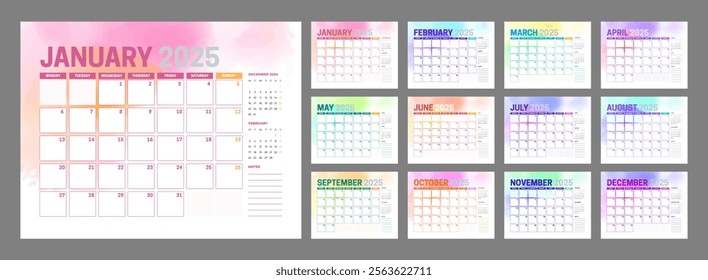 Colorful 2025 Calendar Design with Different Color for Every Month	
