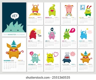 Calendario colorido de 2025 ilustrado con un monstruito lindo para cada mes. Ilustración vectorial