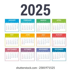 Colorful 2025 calendar showing all twelve months with highlighted weekends