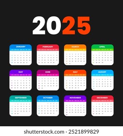 colorida 2025 calendário modelo semana começa no domingo. Projeto do calendário de 2025.