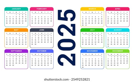 colorful 2025 monthly english calendar template in modern style vector