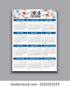 A colorful 2025 printable and editable calendar template,  featuring monthly layouts with dates and days of the week for easy planning and organization throughout the year. vector design illustration.
