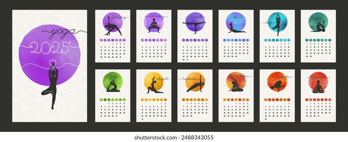 A colorful 2025 vector calendar with yoga poses - asanas for each month. Features a large cover image and 12 monthly pages with dates and yoga silhouettes against vibrant circular backgrounds.