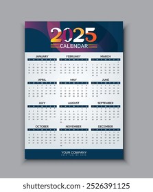 ilustração de design vetorial de modelo de calendário impresso anual colorida 2025. Ideal para planejamento e organização, esse calendário anual aprimora qualquer espaço no escritório ou em casa.