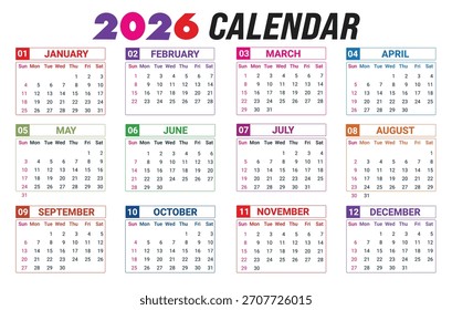 Um design colorido do calendário de 2026 exibindo meses com dias da semana