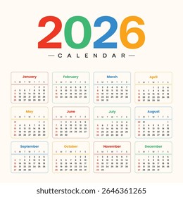 Colorful 2026 printable calendar template with monthly layout for yearly planning