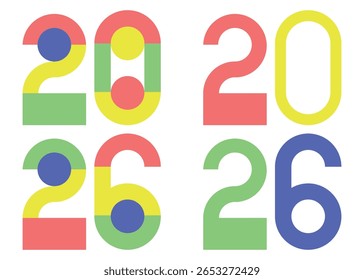 Tipografia Colorida 2026. Números modernos sobrepostos Design em negrito estilo geométrico. Feliz Ano Novo ilustração vetorial.
