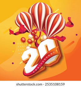 Diseño colorido del 20º aniversario con globos a rayas, cintas festivas y globos vibrantes contra un fondo amarillo anaranjado brillante, celebrando un hito alegre.