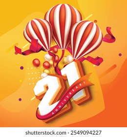 Colorful 21st anniversary design with striped balloons, festive ribbons, and vibrant balloons against a bright orange-yellow background, celebrating a joyful milestone.