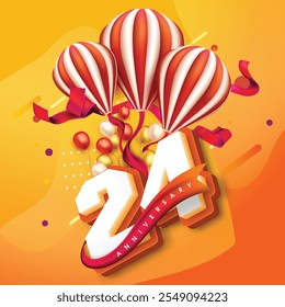 Diseño colorido del 24.º aniversario con globos rayados, cintas festivas, y globos vibrantes contra un fondo naranja-amarillo brillante, celebrando un hito alegre.