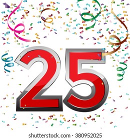 Colorful 25 date celebration background with confetti. Vector Illustration.