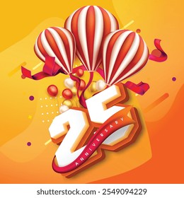 Diseño colorido del 25 aniversario con globos a rayas, cintas festivas y globos vibrantes contra un fondo amarillo anaranjado brillante, celebrando un hito alegre.