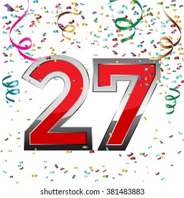 Colorful 27 date celebration background with confetti. Vector Illustration.