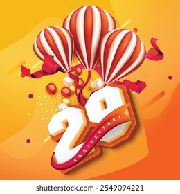 Diseño colorido del 29 aniversario con globos a rayas, cintas festivas y globos vibrantes contra un fondo amarillo anaranjado brillante, celebrando un hito alegre.