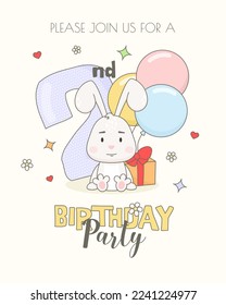 Colorful 2nd birthday invitation card template with cute bunny, gift box and balloons.