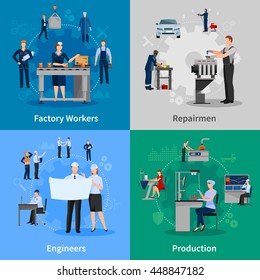 Colorful 2x2 compositions with professionals at work presenting factory workers repairmen engineers and production flat vector illustration