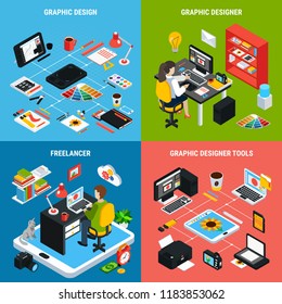 Colorful 2x2 concept with graphic design artists and various tools for work 3d isometric isolated vector illustration