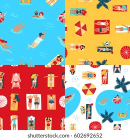 Colorido patrón 2x2 perfectamente montado con gente tomando el sol en la playa y nadando en la parte superior del mar ilustración plana vectorial aislada