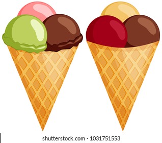 Colorful 3 ball cone ice cream set. Summer comfort fast food vector illustration for gift card, flyer, certificate or banner, icon, logo, patch, sticker