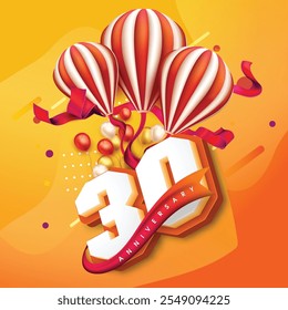 Diseño colorido del 30º aniversario con globos rayados, cintas festivas y globos vibrantes contra un fondo amarillo anaranjado brillante, celebrando un hito alegre.