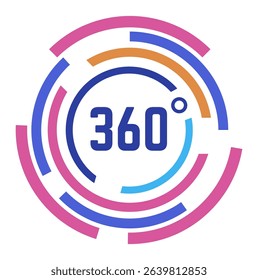 Colorful 360 degree angle icon representing immersive experiences in virtual and augmented reality, symbolizing seamless transitions and complete coverage in digital environments