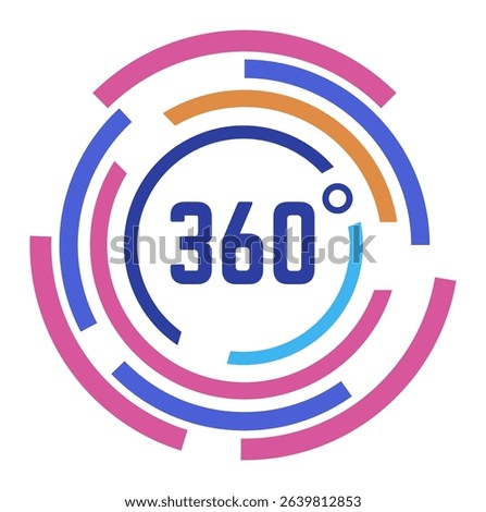 Colorful 360 degree angle icon representing immersive experiences in virtual and augmented reality, symbolizing seamless transitions and complete coverage in digital environments