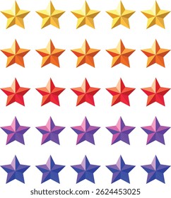 Colorful 3D 5 Stars Vector Rating Icon Set, Golden, Orange, Red, Purple and Blue star symbol isolated on white background