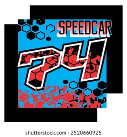 Colorful 3d 74 number vector, racing design and SPEEDCAR text.