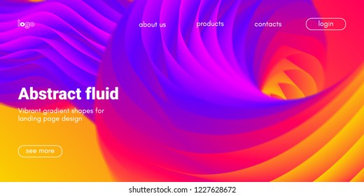 Colorful 3d Abstract Background. Landing Page Concept. Neon Fluid Shape Vector Composition. Glow Banner with Wave Gradient Shapes. 3d Poster for Website Design. Movement of 3d Abstract Liquid Forms.
