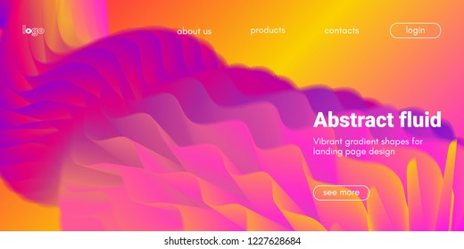 Colorful 3d Abstract Background. Landing Page Concept. Neon Fluid Shape Vector Composition. Glow Banner with Wave Gradient Shapes. 3d Poster for Website Design. Movement of 3d Abstract Liquid Forms.