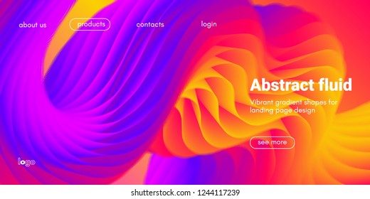 Colorful 3d Abstract Background. Landing Page Concept. Neon Fluid Shape Vector Composition. Glow Banner with Wave Gradient Shapes. 3d Poster for Website Design. Movement of 3d Abstract Liquid Forms.